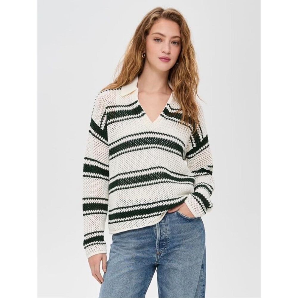 Madewell White and Dark Green Open Knit Striped V-Neck Polo Sweater